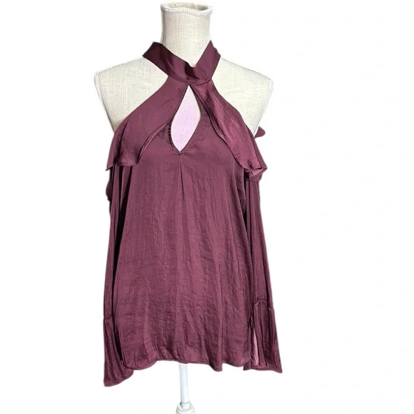NWT Belle Sky Long Sleeve Cold Shoulder Purple Blouse Top Womens Size M Ruffles - Picture 2 of 11